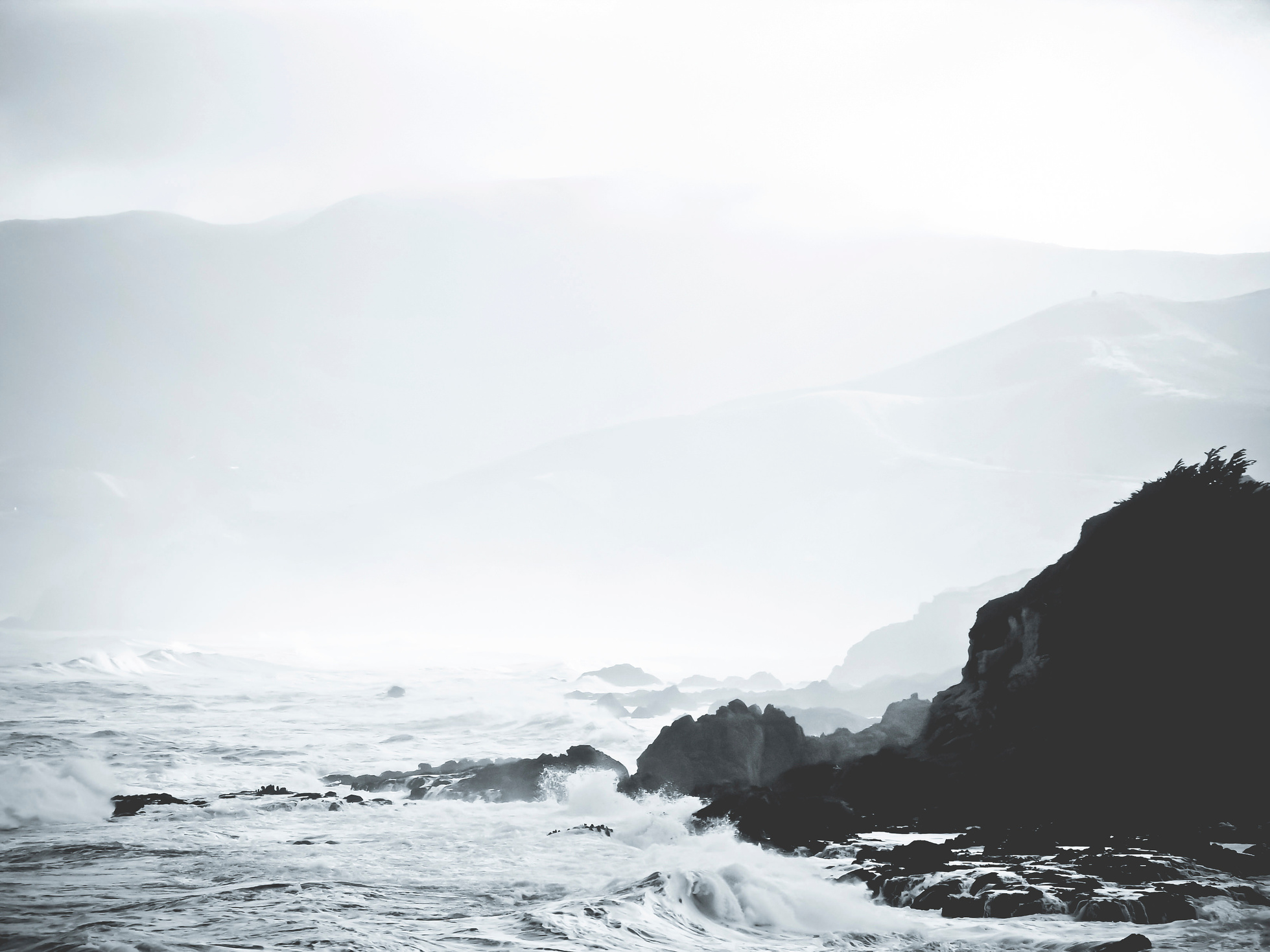 Black and White Picture of Beach and Waves